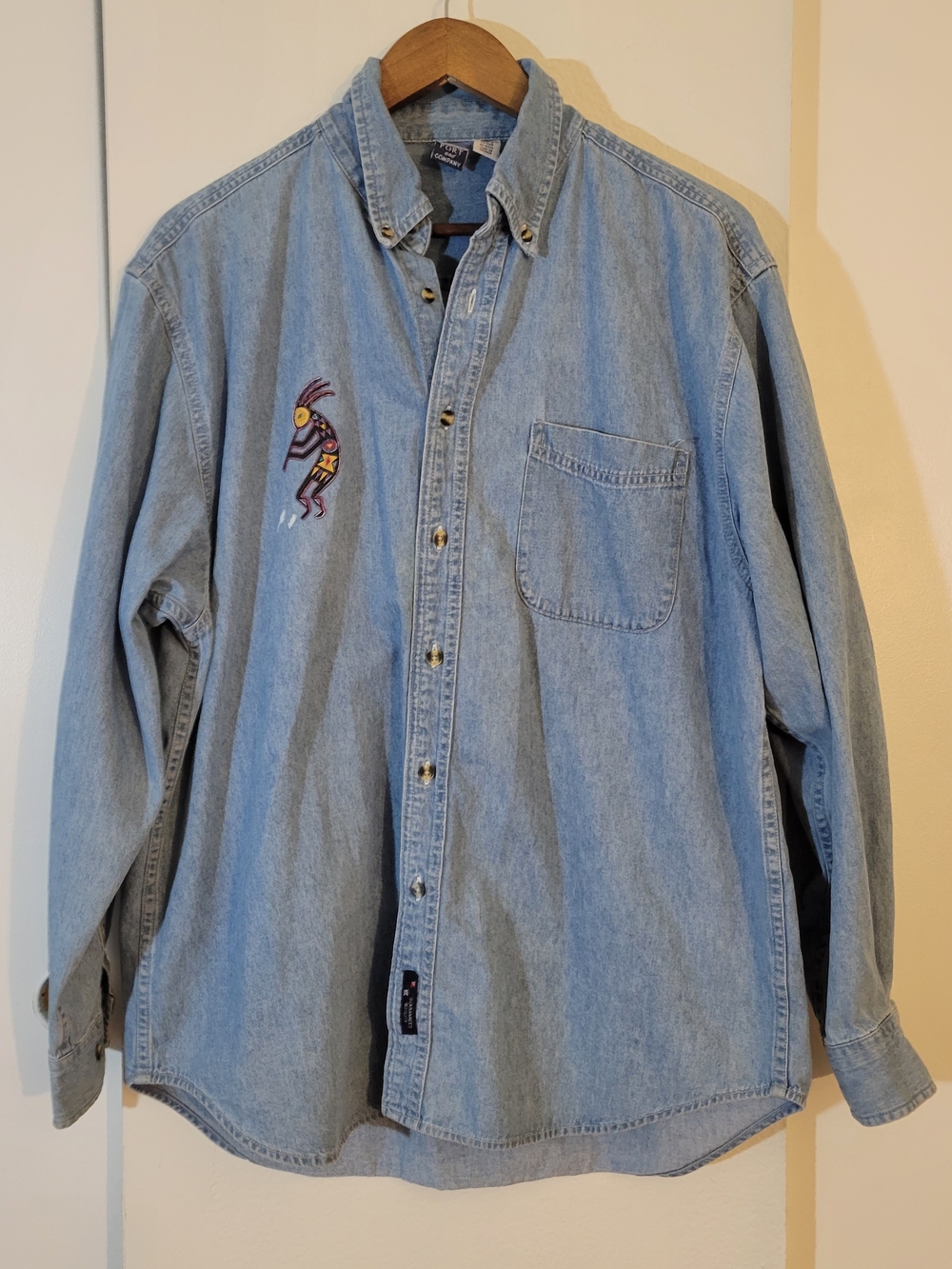 Light Wash Denim Button-Up Shirt with Kokopelli Embroidery 100 % cotton